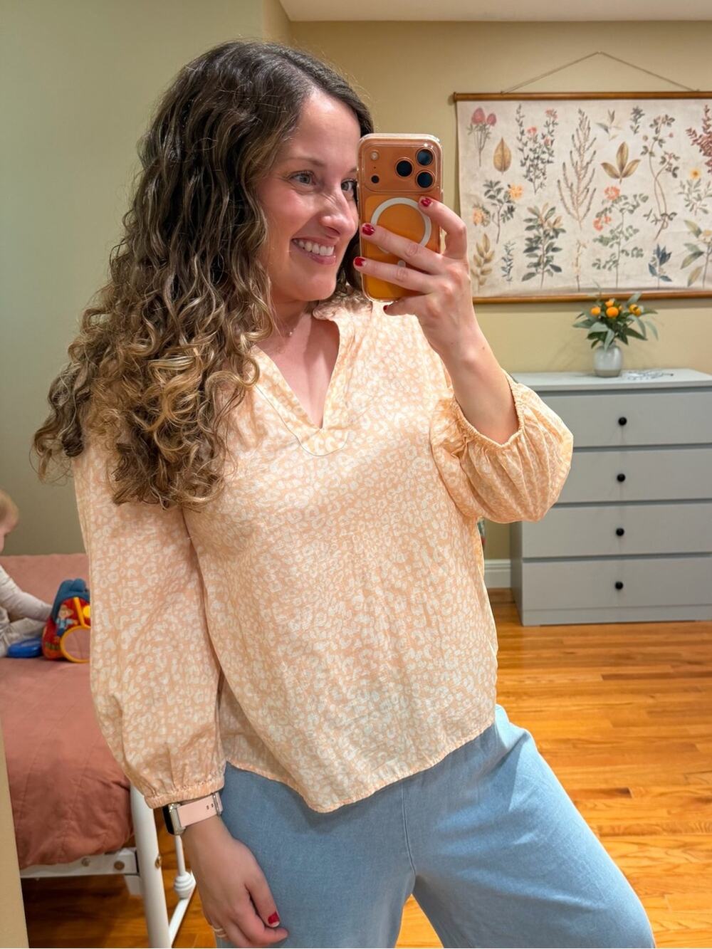 Gap Pink Cotton Leopard Light Peach Printed V-Neck Peasant Blouse Medium